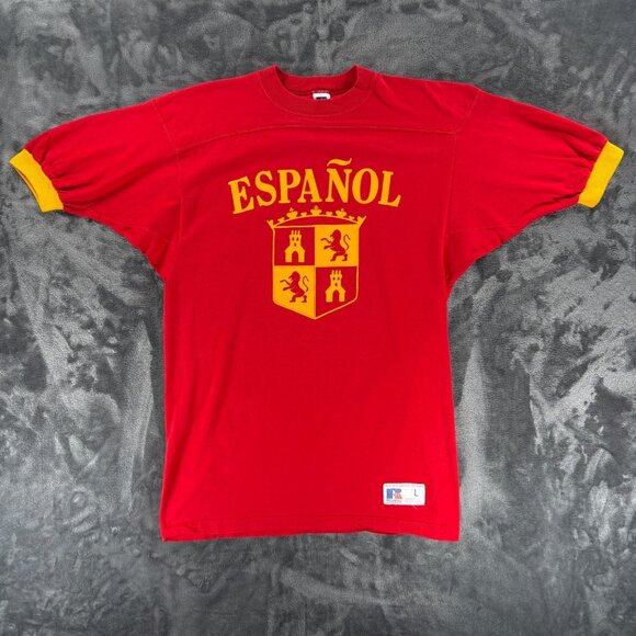 Vintage Russell Athletic España Spanish Soccer Jersey T Shirt Red Gold USA Large - Picture 1 of 10
